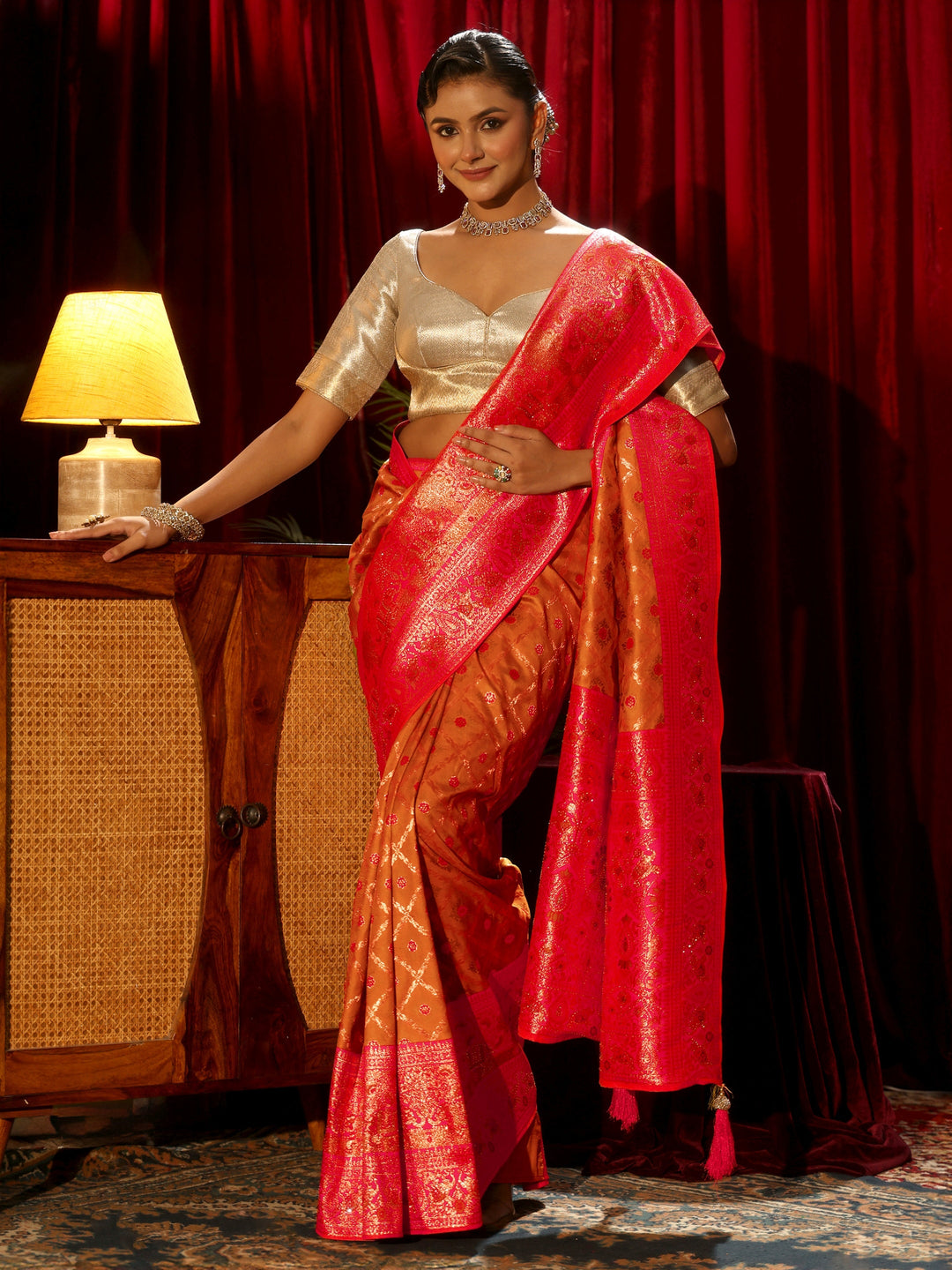 Libas Tangerine Floral Woven Design Embellished Silk Blend Saree