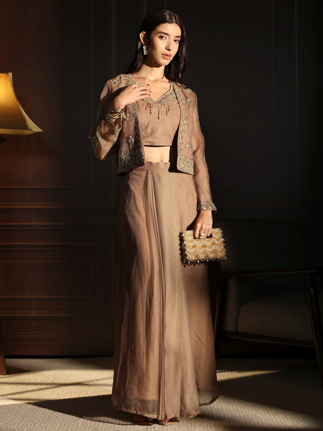 Libas Taupe Embellished Jacket and Draped Skirt Tissue Co-Ord Set