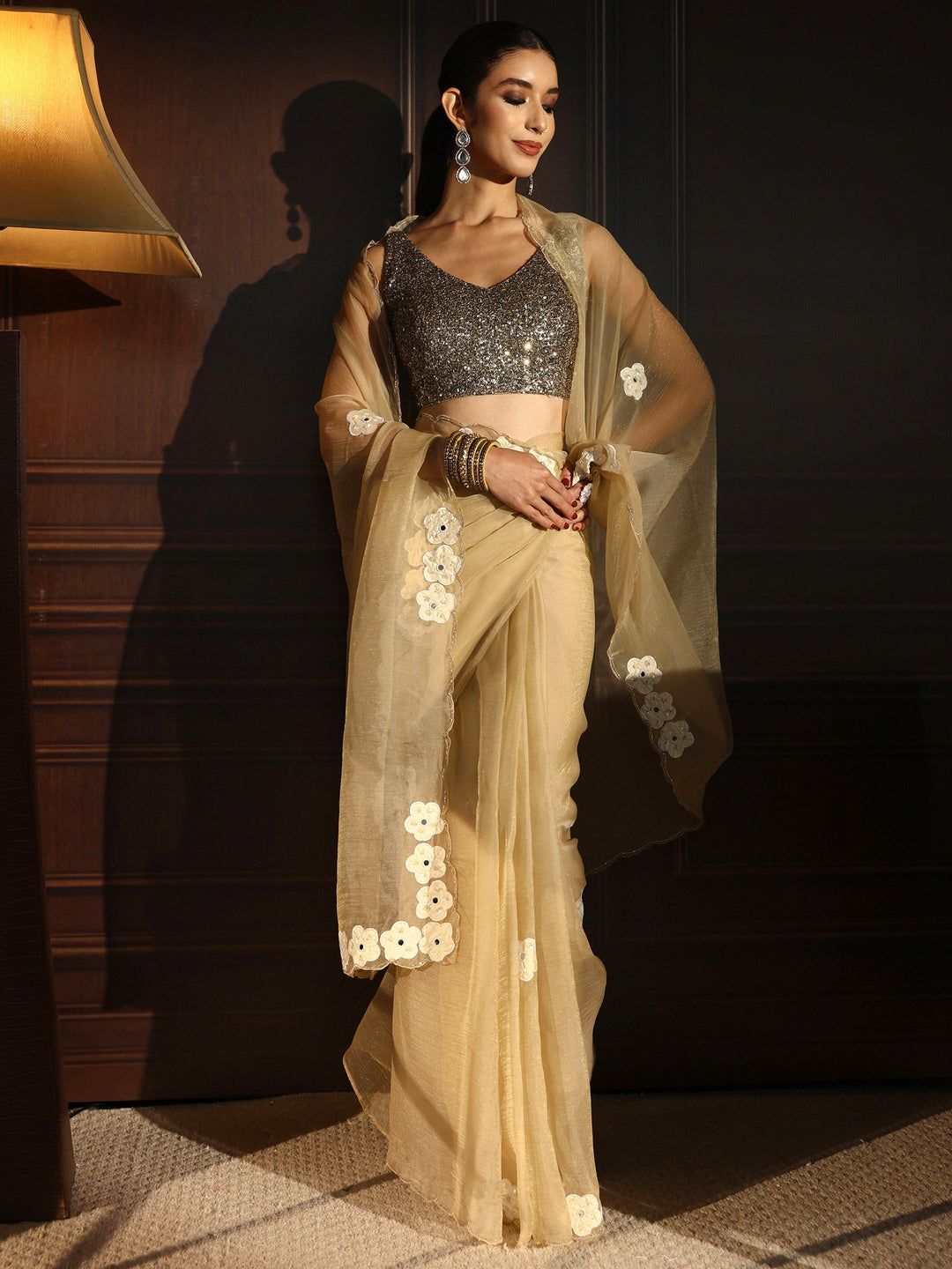 Libas Taupe Embellished Organza Saree with Applique Work
