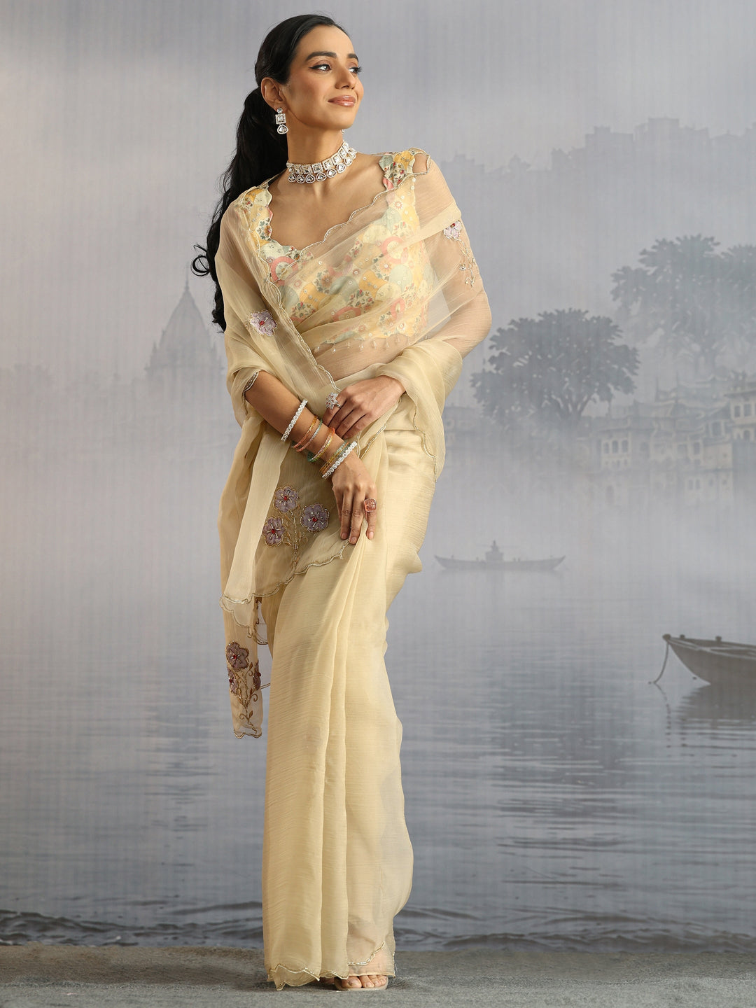 Libas Taupe Embellished Organza Saree with Applique Work