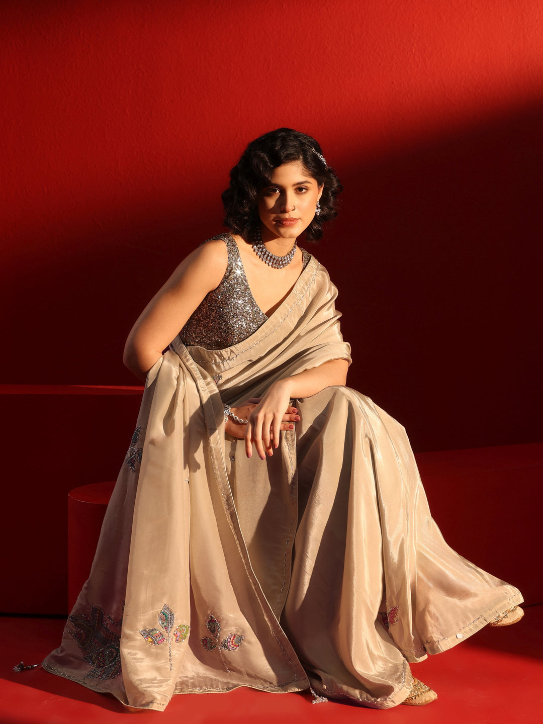 Libas Taupe Embellished Satin Saree with Applique Work