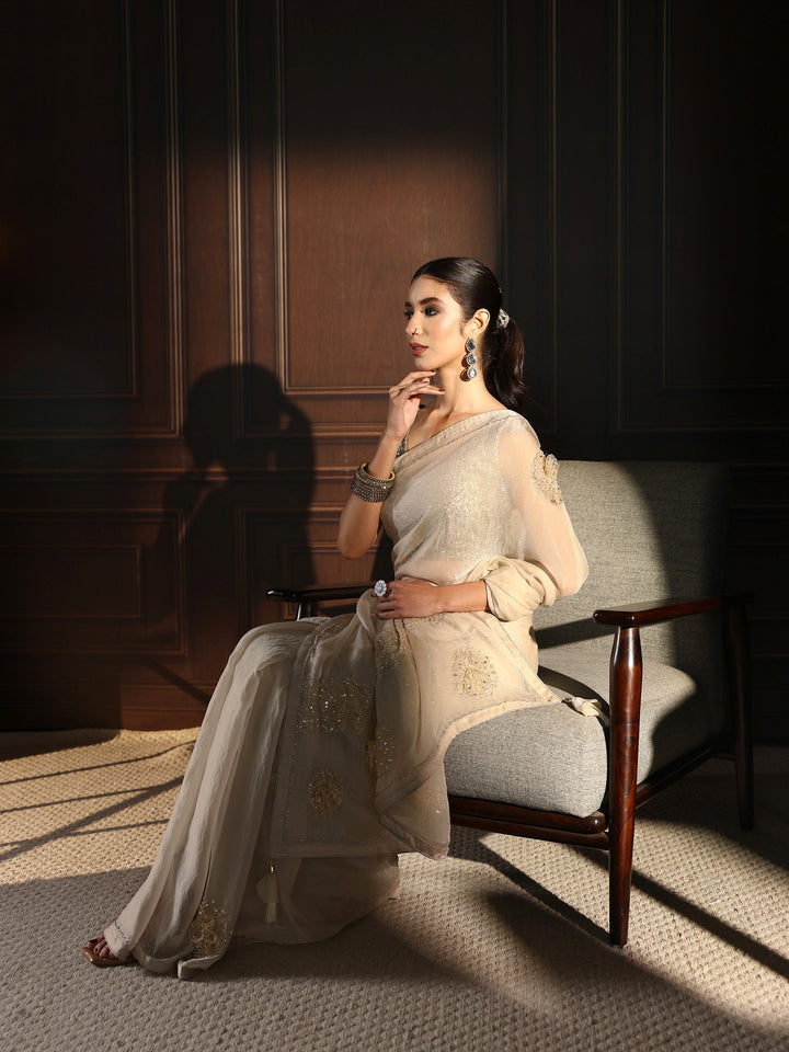 Libas Taupe Embellished Tissue Saree with Applique Work