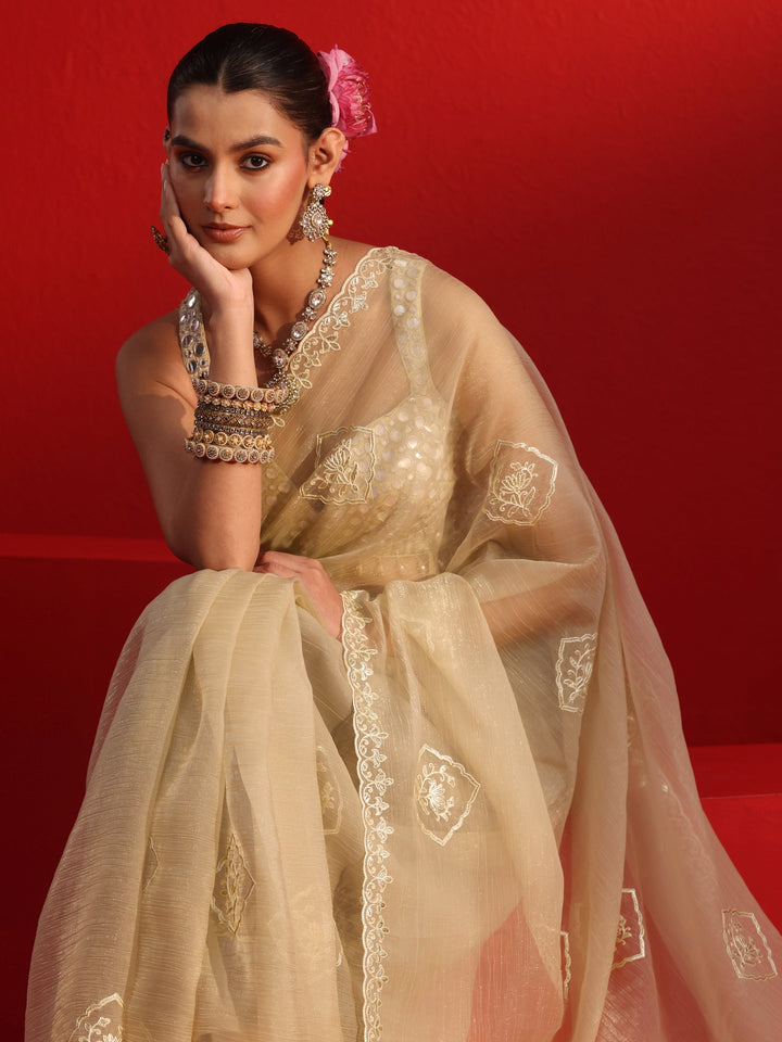 Libas Taupe Embroidered Tissue Saree
