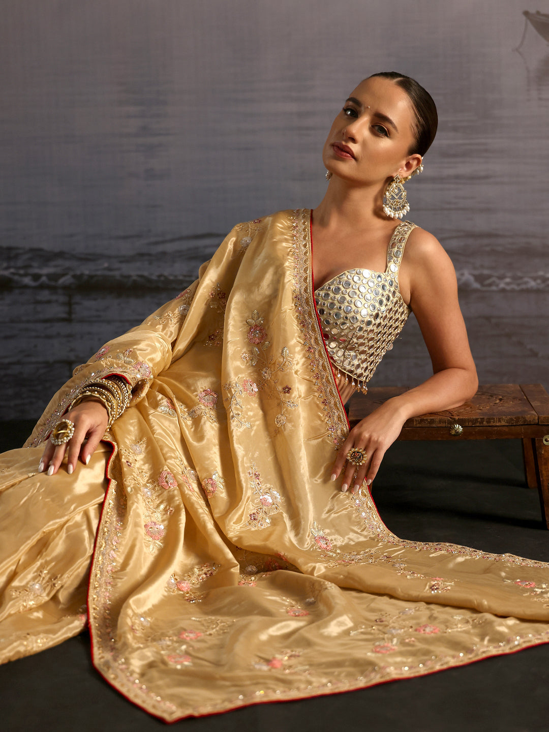 Libas Taupe Floral Embroidered Satin Saree with Sequin Embellishments