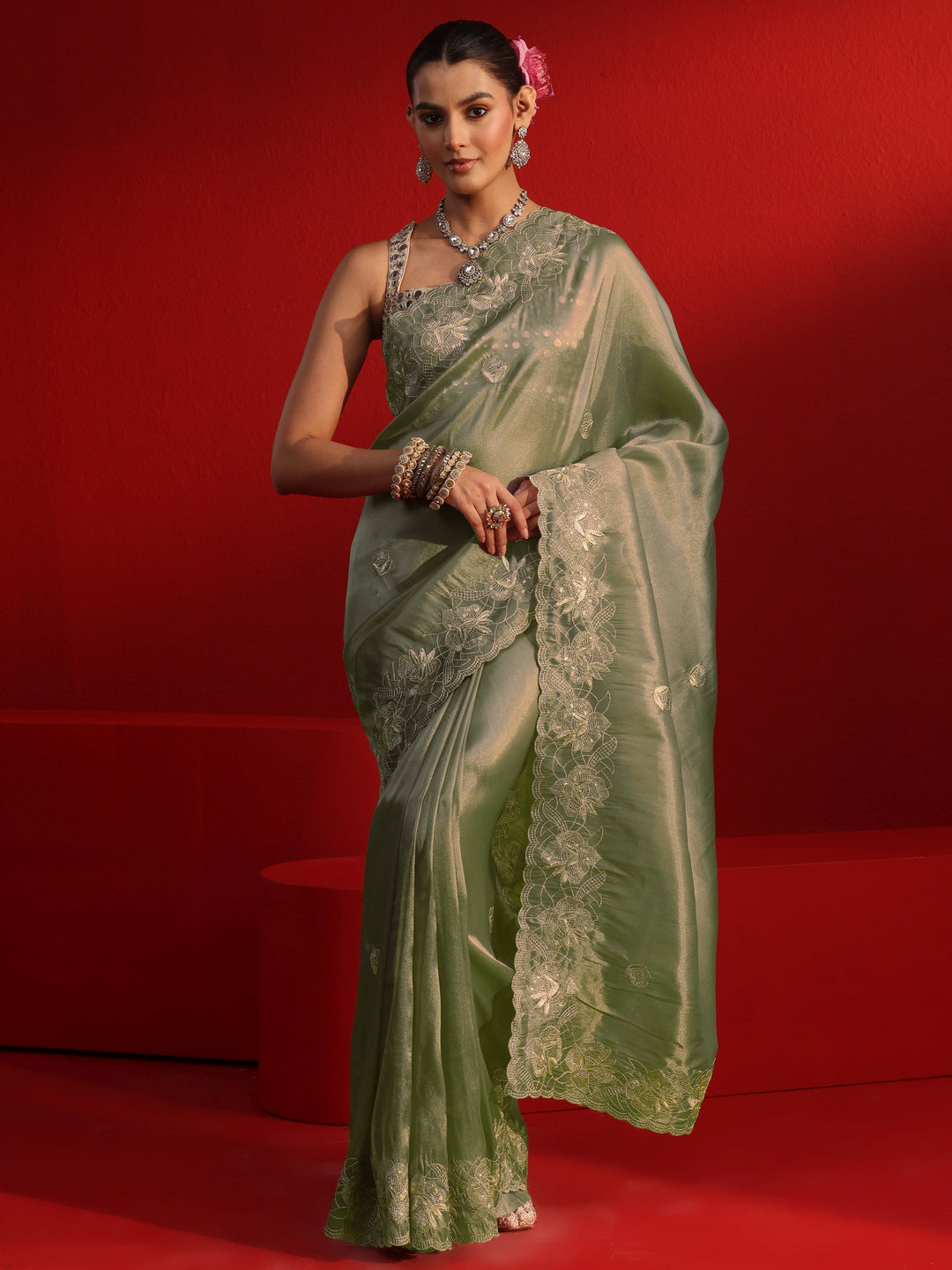 Libas Taupe Floral Embroidered Sequinned Tissue Saree