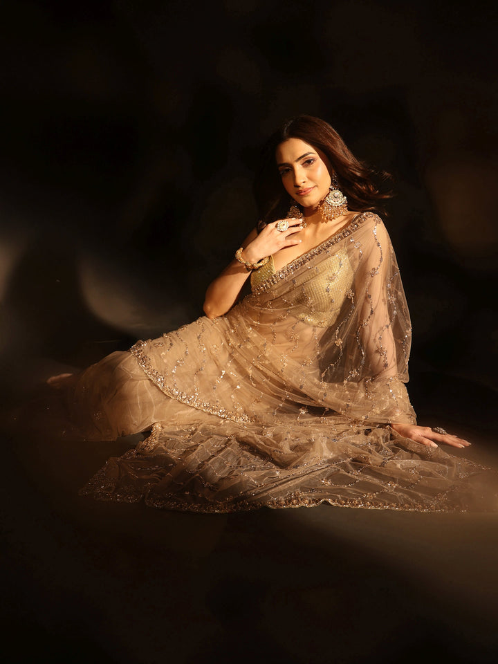 Libas Taupe Grey Embellished Wavy Pattern Net Saree