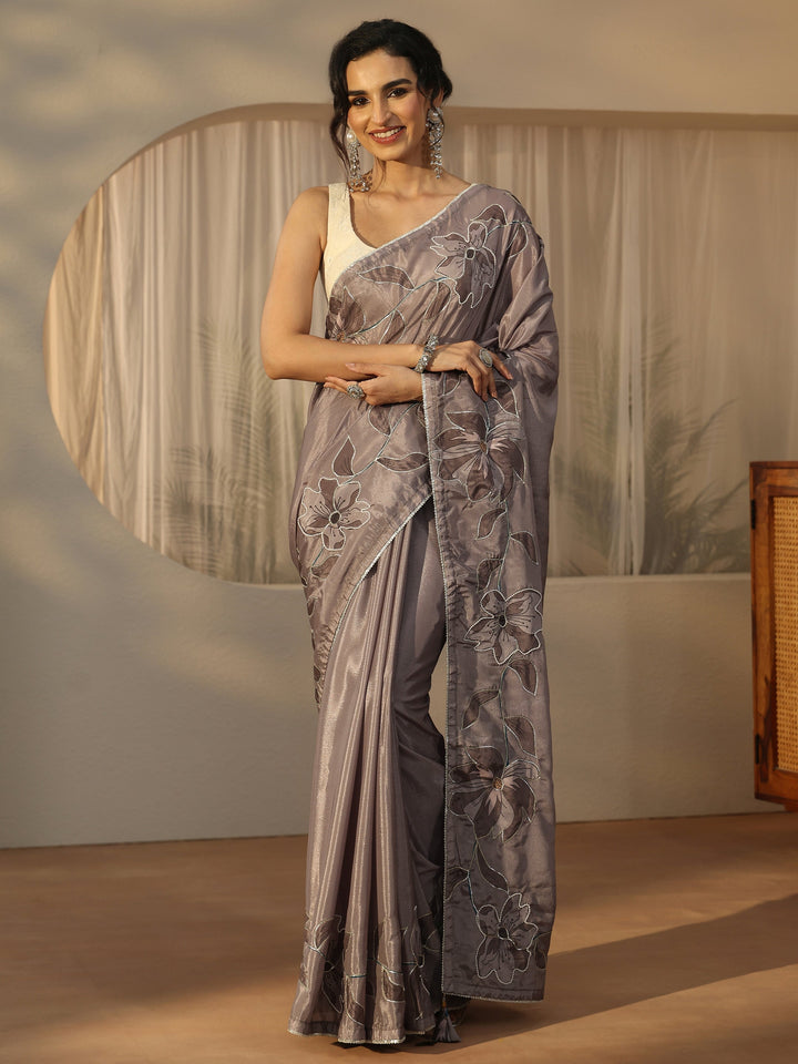 Libas Taupe Grey Floral Embellished Satin Saree