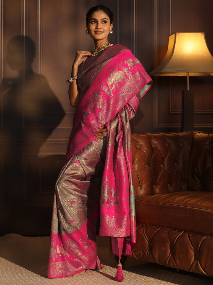 Libas Taupe Grey Mughal Style Woven Design Brocade Saree