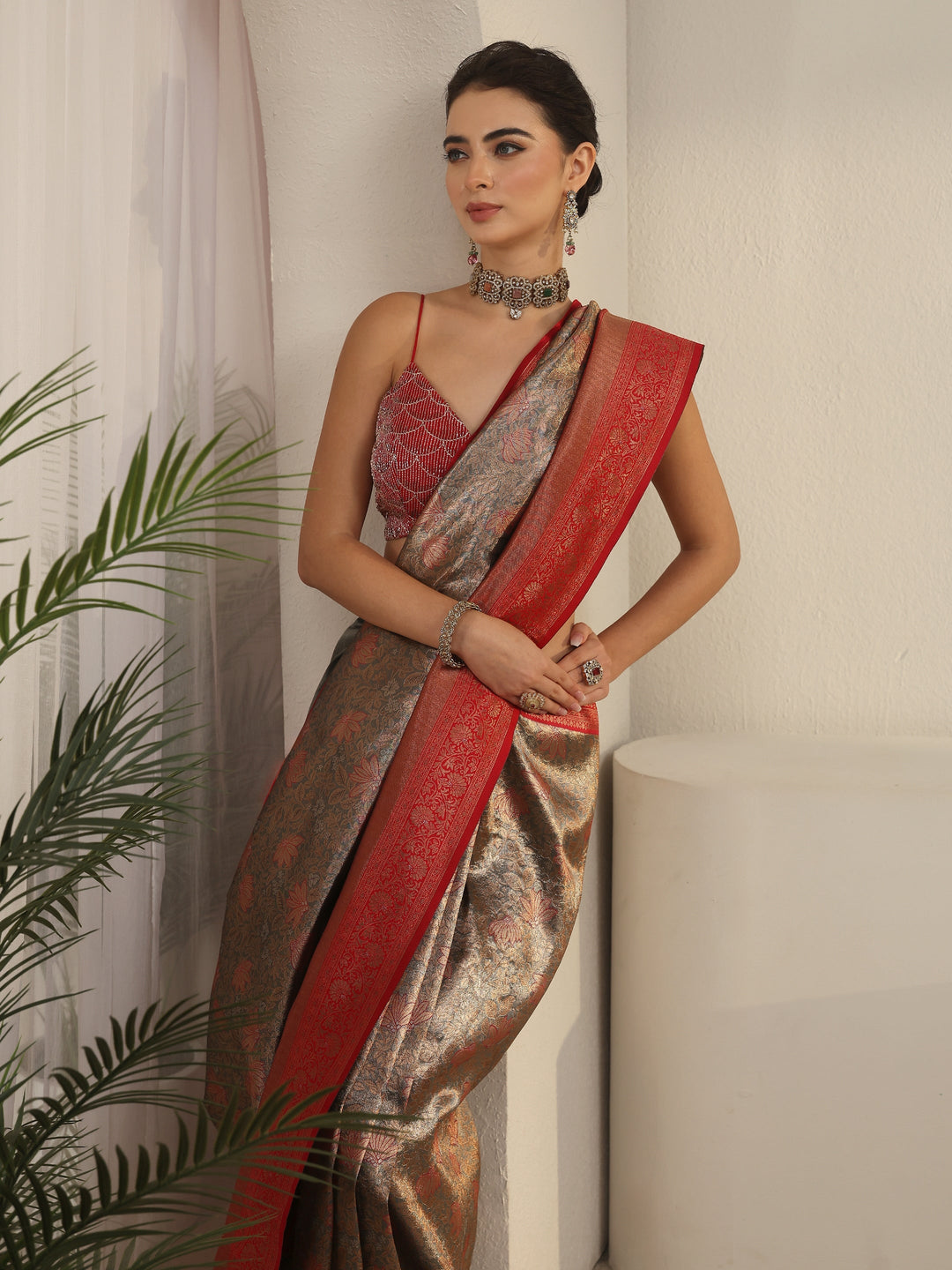 Libas Taupe Grey and Red Floral Woven Design Brocade Saree