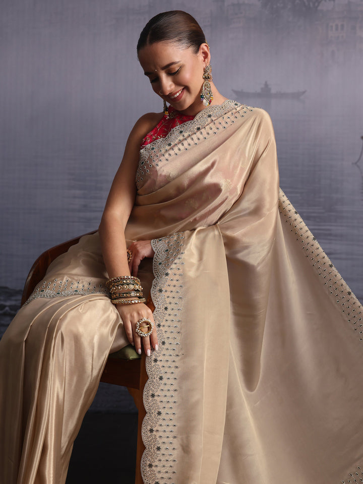 Libas Taupe Tissue Saree with Embellished Scalloped Border