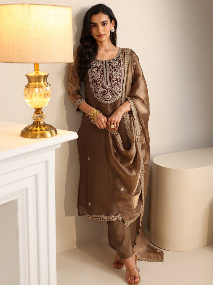 Libas Taupe Tissue Straight Suit Set with Embellished Yoke