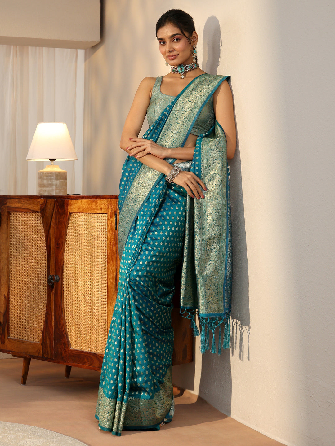 Libas Teal Blue Banarasi Silk Blend Saree