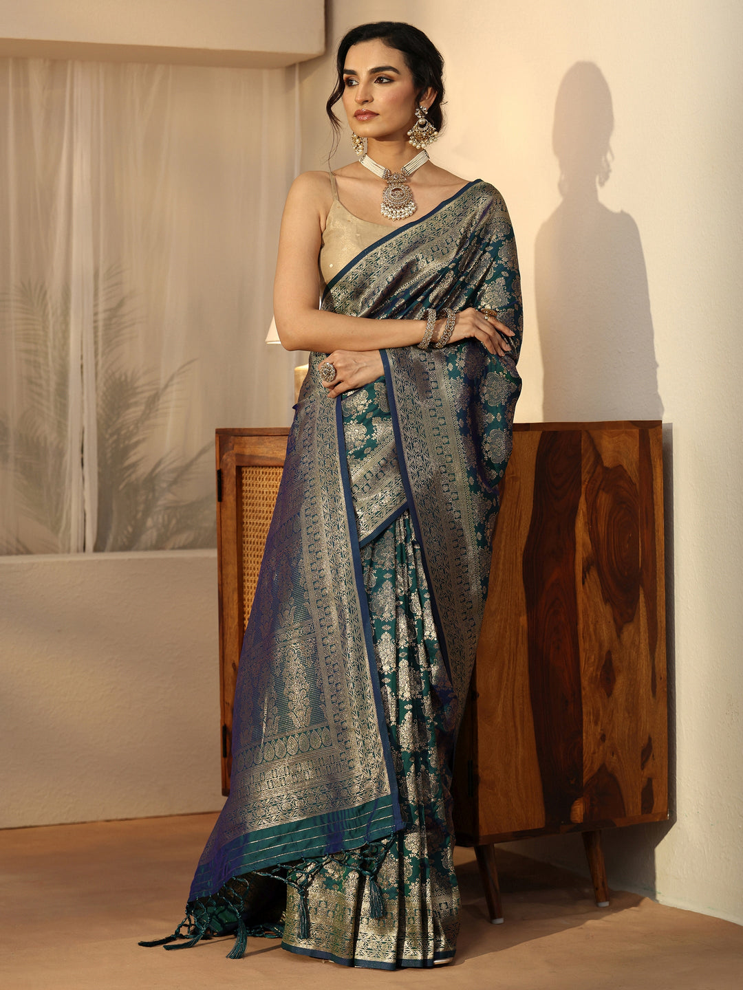 Libas Teal Blue Banarasi Silk Blend Saree
