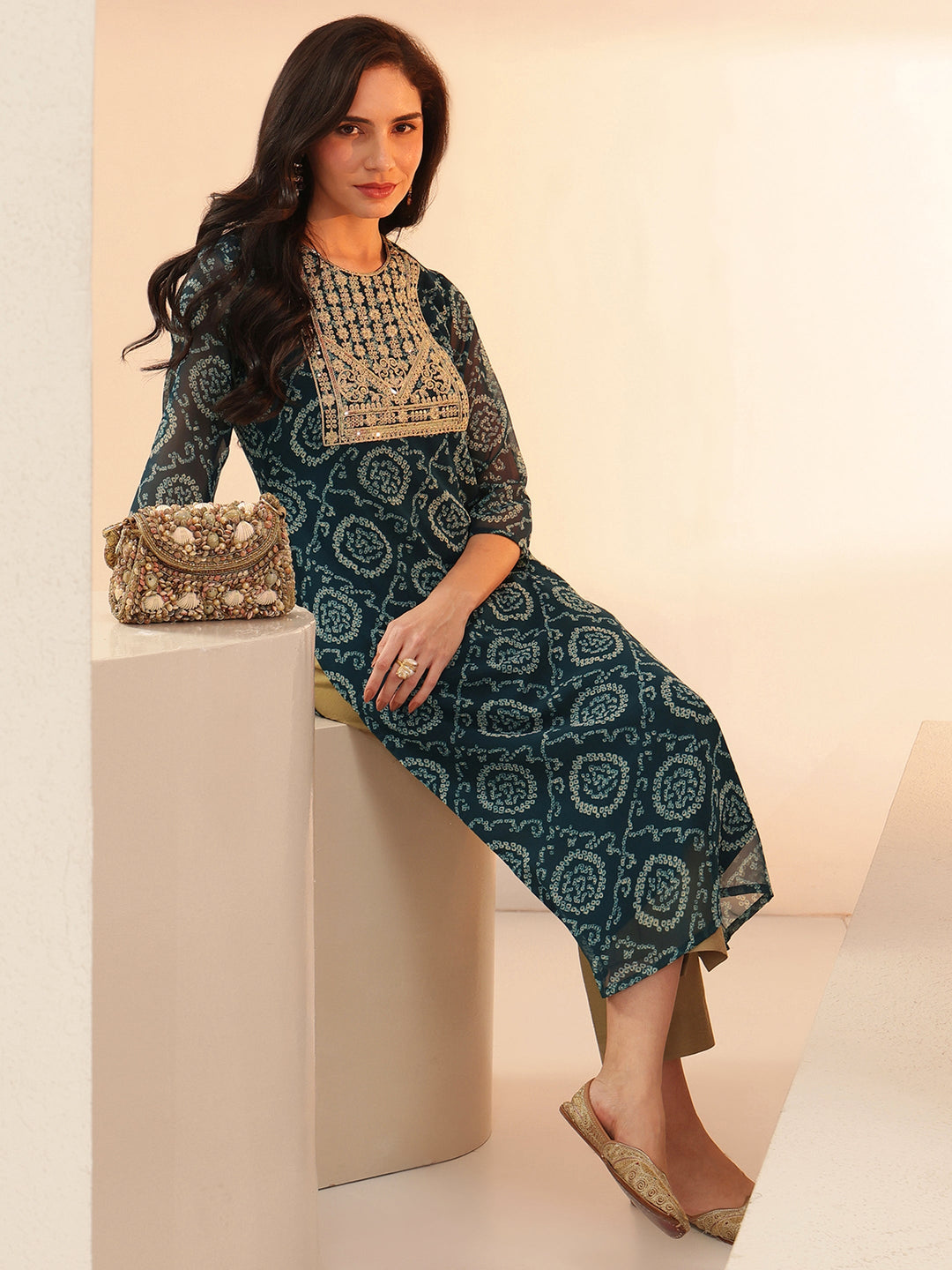 Libas Teal Blue Bandhani Printed Chiffon Straight Kurta