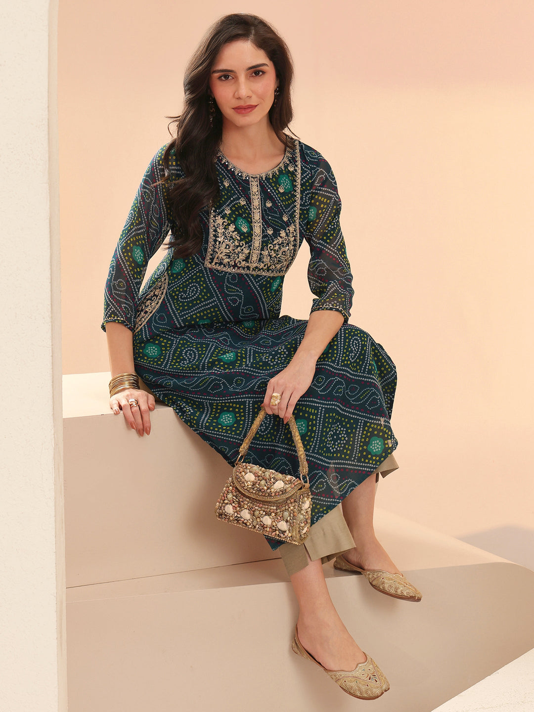 Libas Teal Blue Bandhani Printed Chiffon Straight Kurta