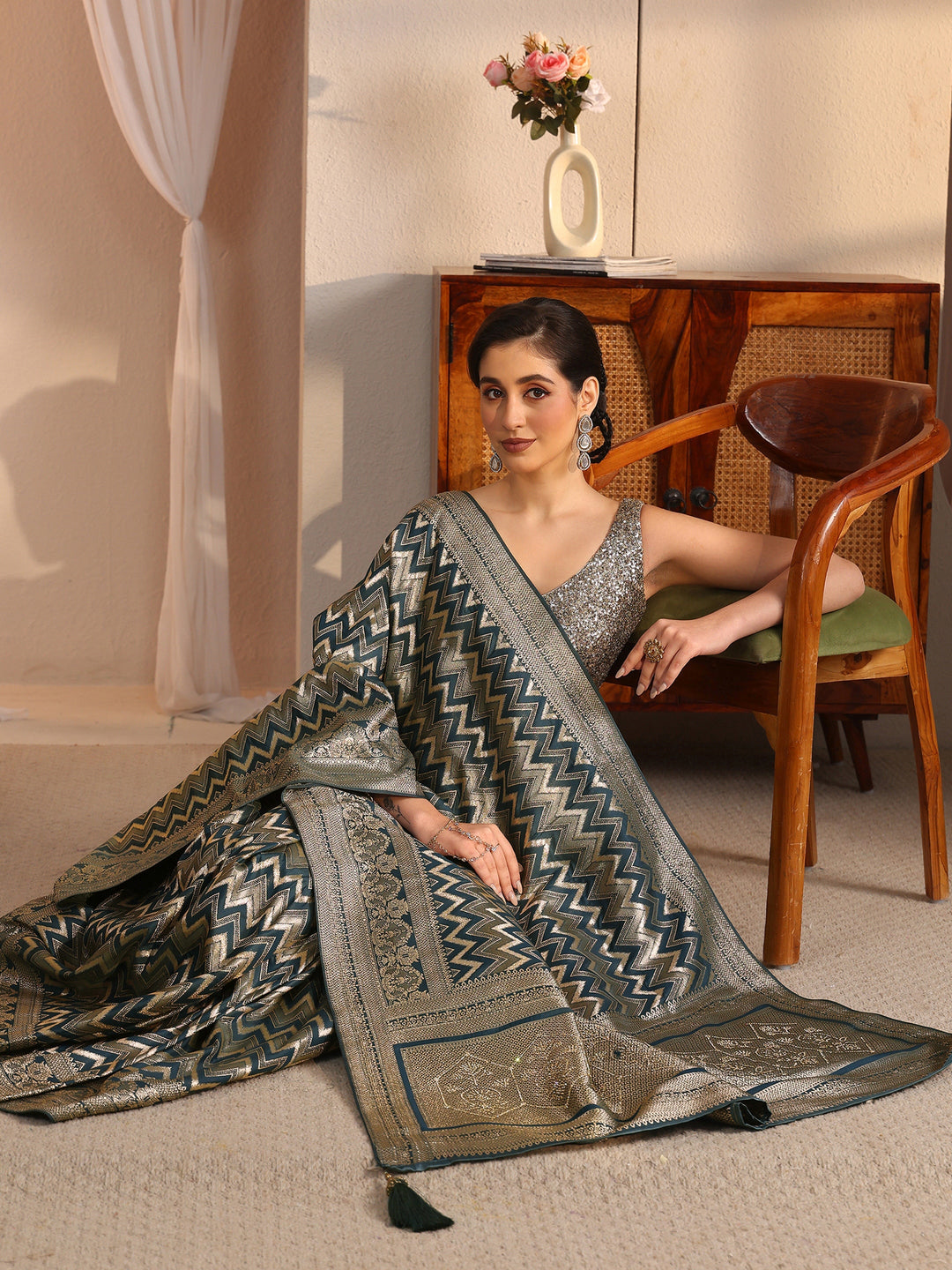 Libas Teal Blue Chevron Woven Design Silk Blend Saree