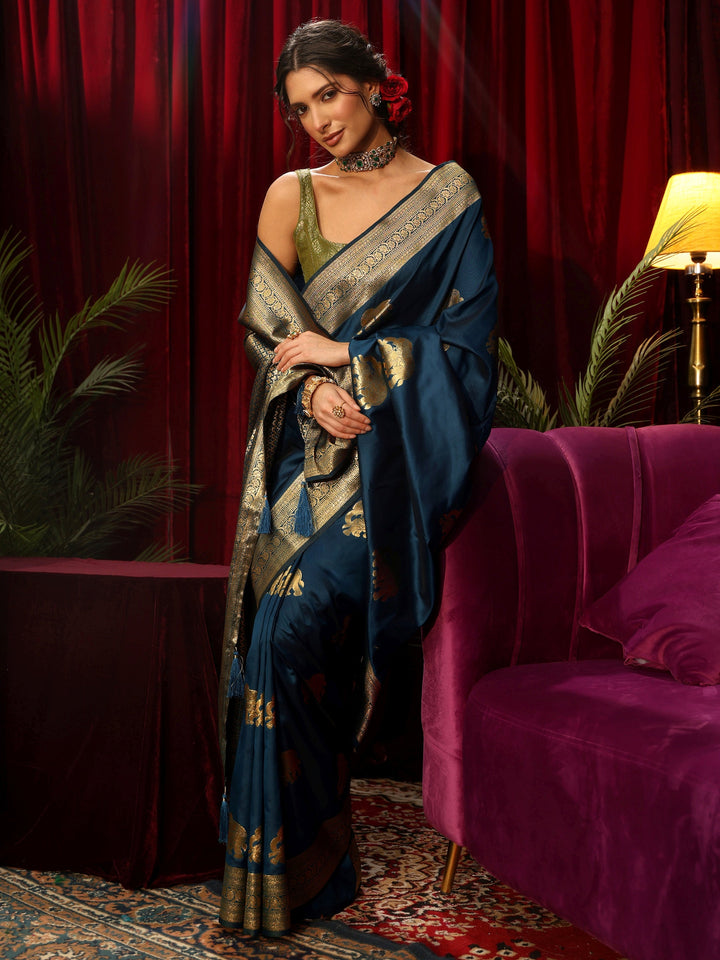 Libas Teal Blue Elephant Motif Woven Design Silk Blend Saree