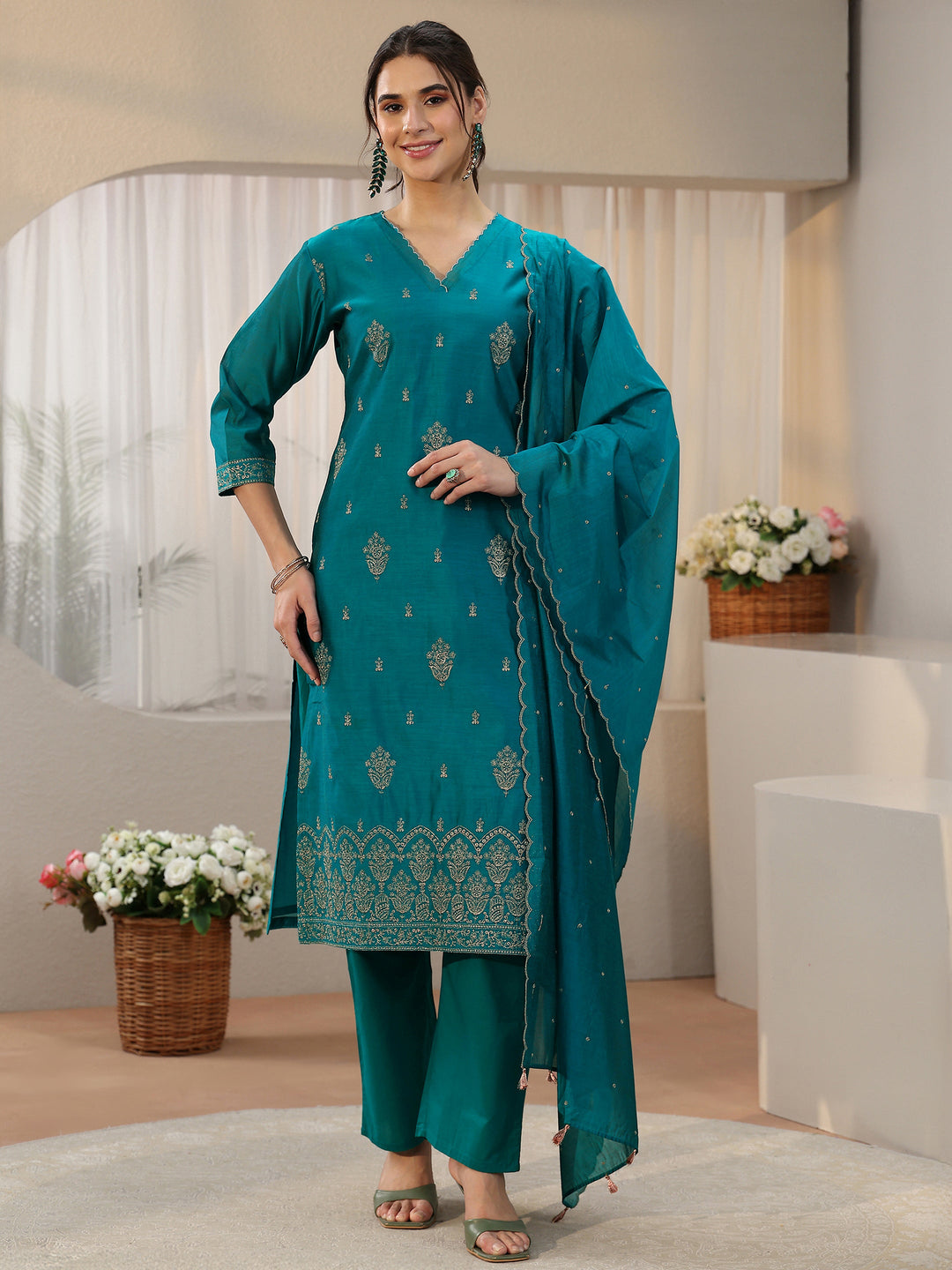 Libas Teal Blue Embroiderd Chanderi Silk Straight Suit Set