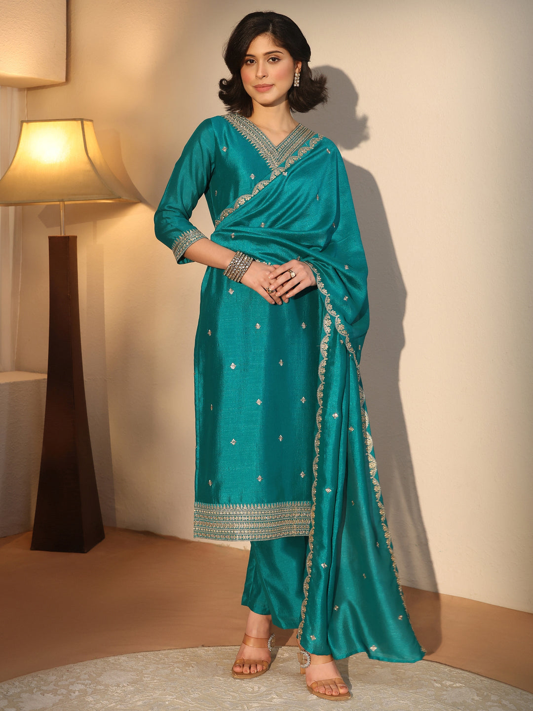 Libas Teal Blue Embroidered Chanderi Silk Straight Suit Set