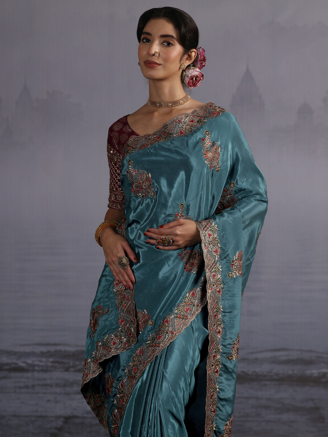Libas Teal Blue Embroidered Satin Saree