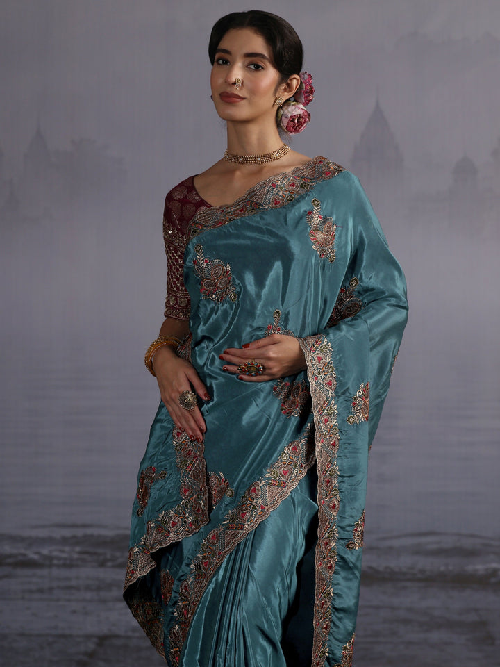 Libas Teal Blue Embroidered Satin Saree