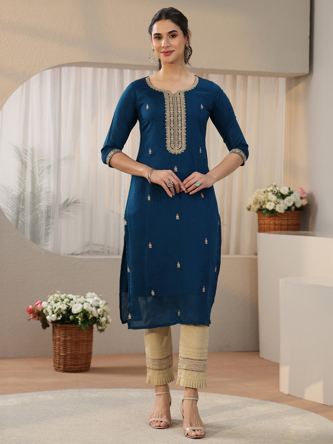 Libas Teal Blue Embroidered Silk Blend Straight Kurta