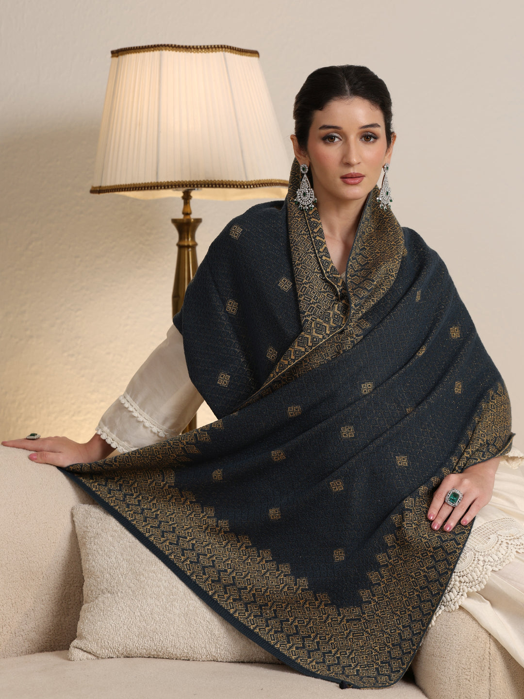 Libas Teal Blue Ethnic Knitted Acrylic Wrap Shawl