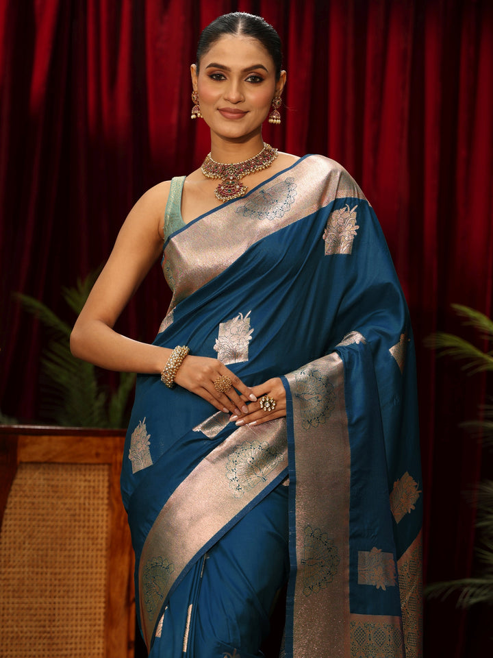 Libas Teal Blue Ethnic Motif Woven Design Silk Blend Saree