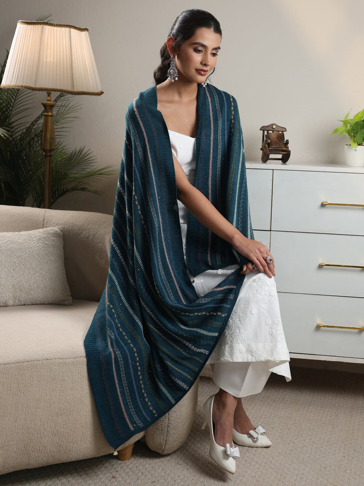 Libas Teal Blue Ethnic Striped Knitted Acrylic Wrap Shawl