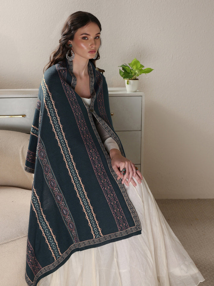 Libas Teal Blue Ethnic Striped Knitted Acrylic Wrap Shawl