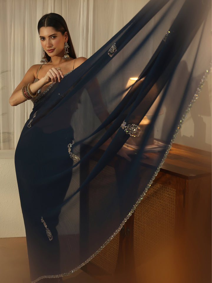 Libas Teal Blue Floral Embellished Georgette Saree