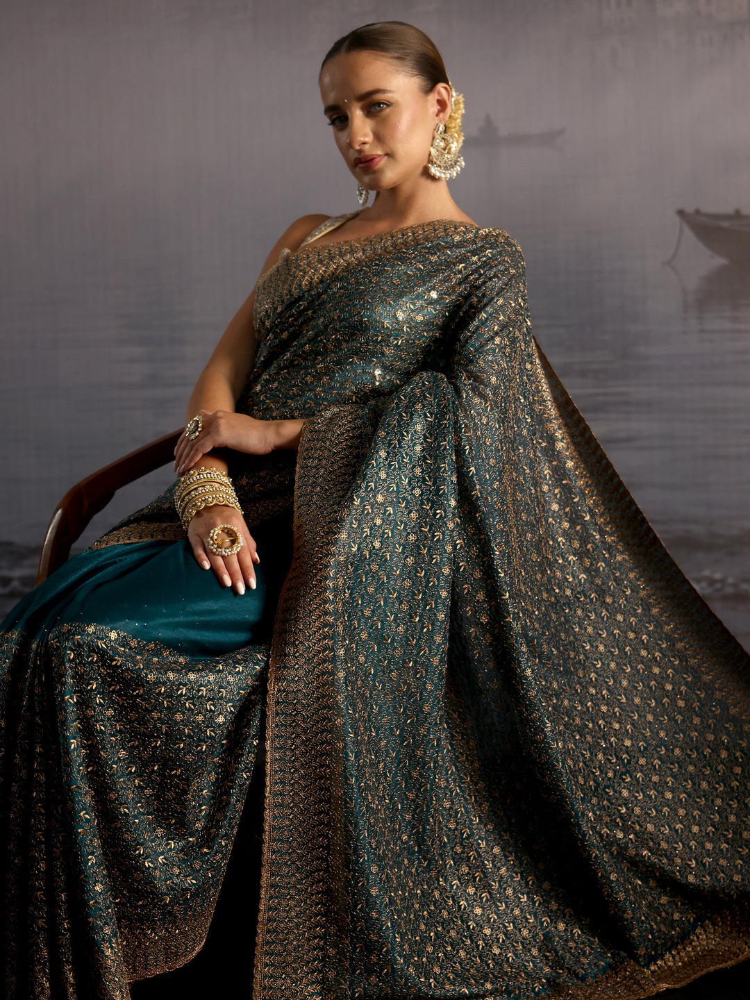 Libas Teal Blue Floral Embroidered Net Saree