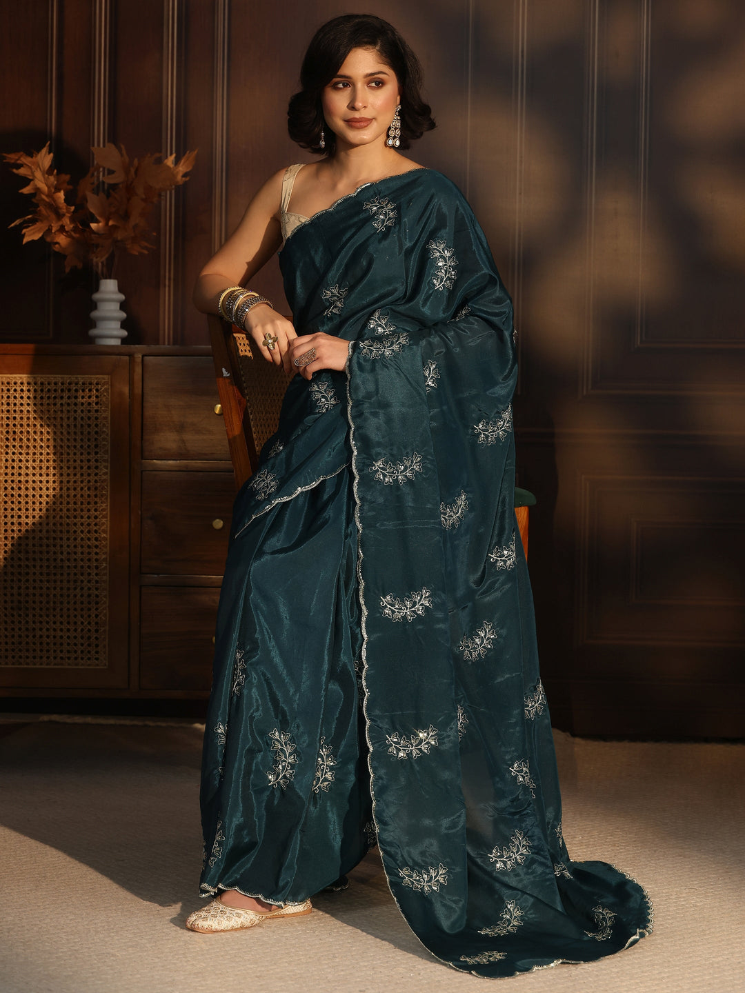 Libas Teal Blue Floral Embroidered Satin Saree