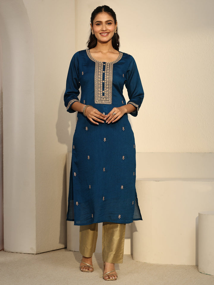 Libas Teal Blue Floral Embroidered Silk Blend Straight Kurta