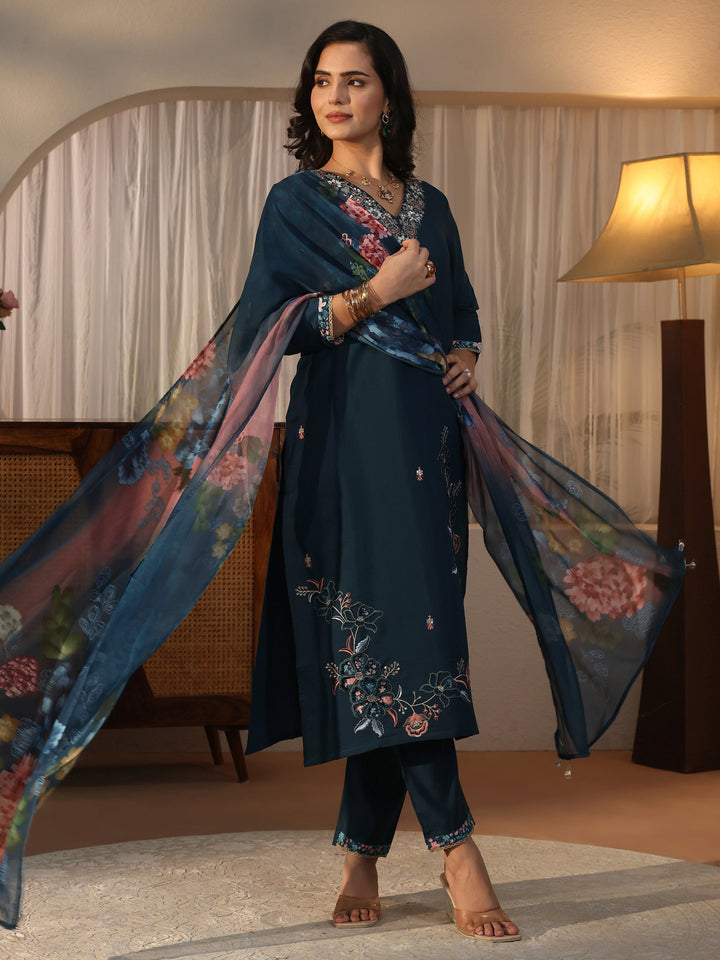 Libas Teal Blue Floral Embroidered Silk Blend Straight Suit Set