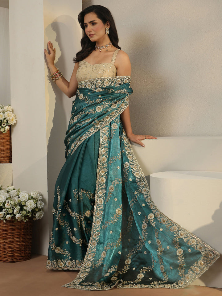 Libas Teal Blue Floral Embroidered Tissue Saree
