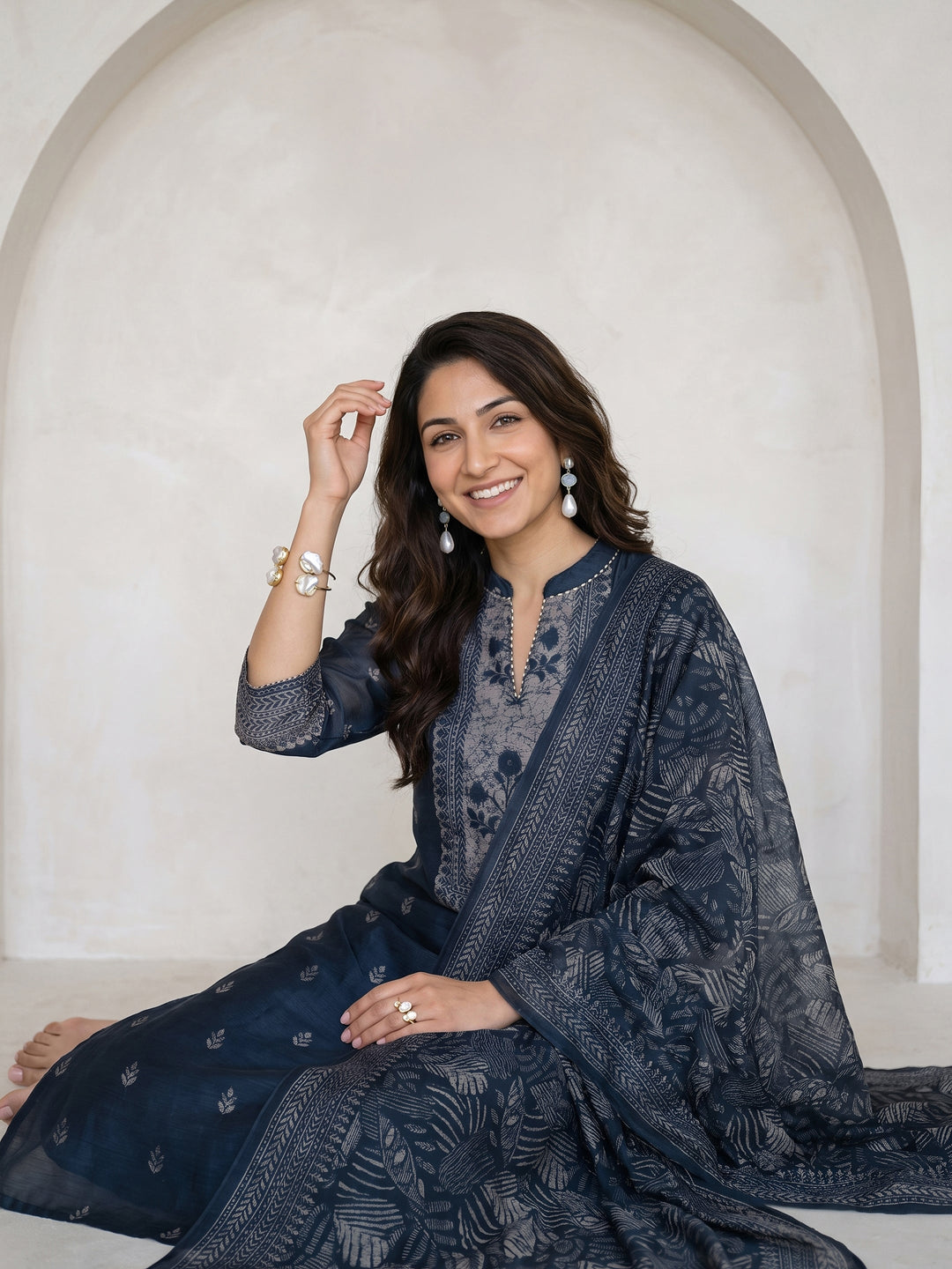 Libas Teal Blue Floral Printed Chanderi Silk Straight Suit Set