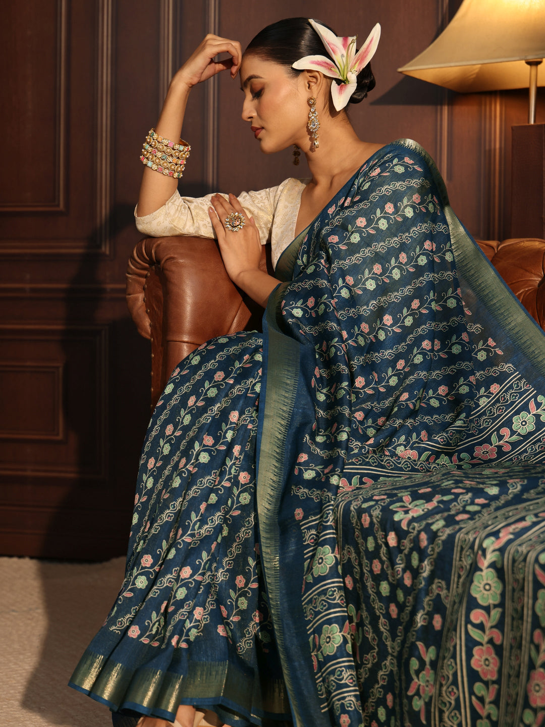 Libas Teal Blue Floral Printed Silk Blend Saree