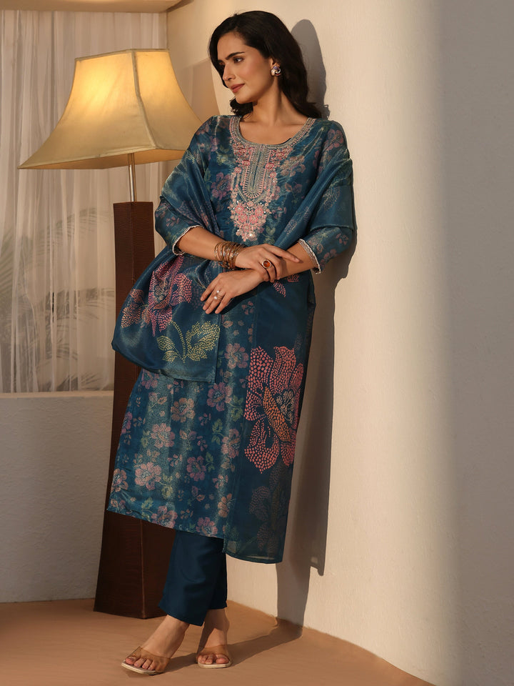 Libas Teal Blue Floral Printed Tissue Straight Suit Set
