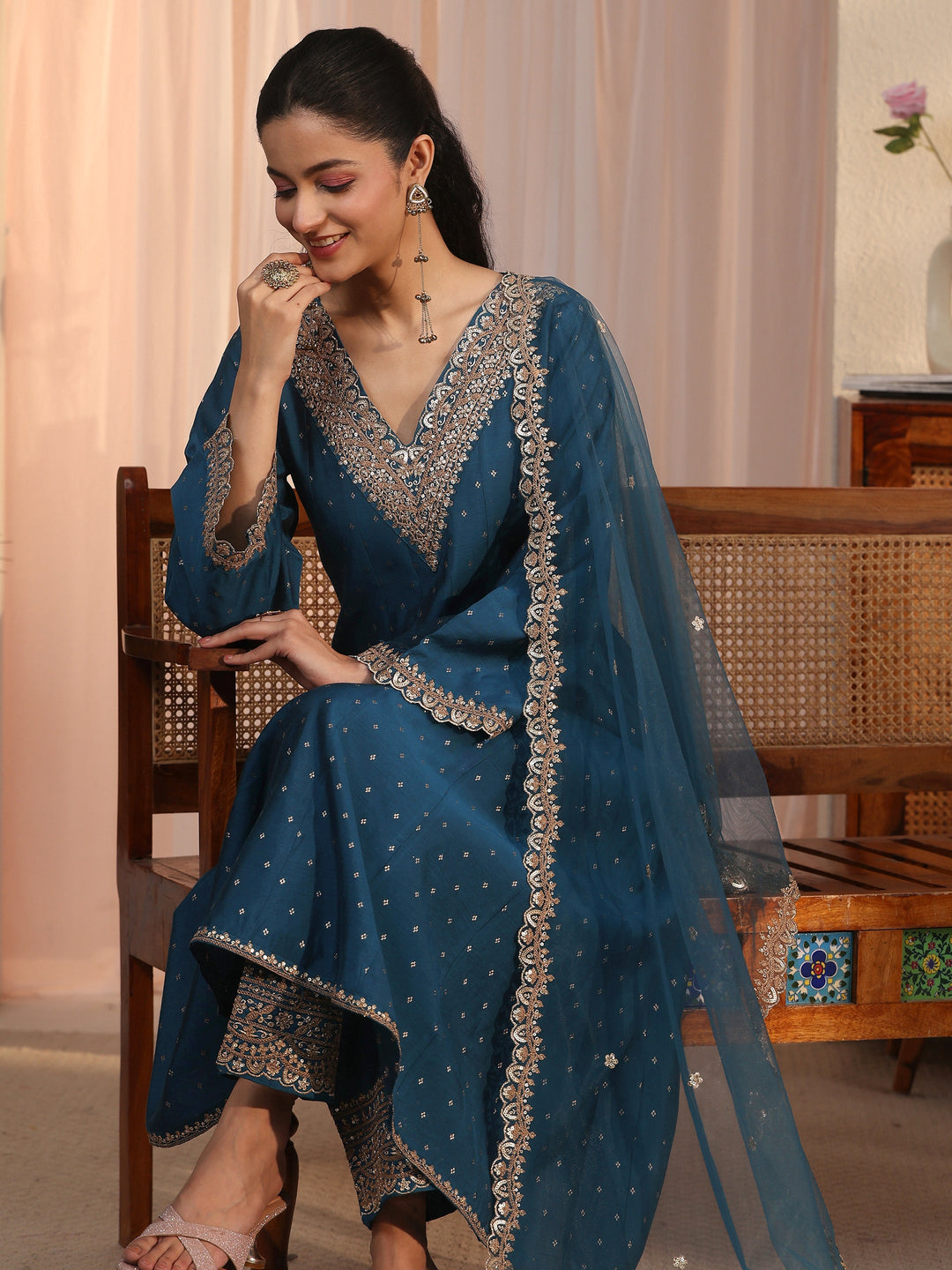 Libas Teal Blue Floral Woven Design Silk Blend Anarkali Suit Set