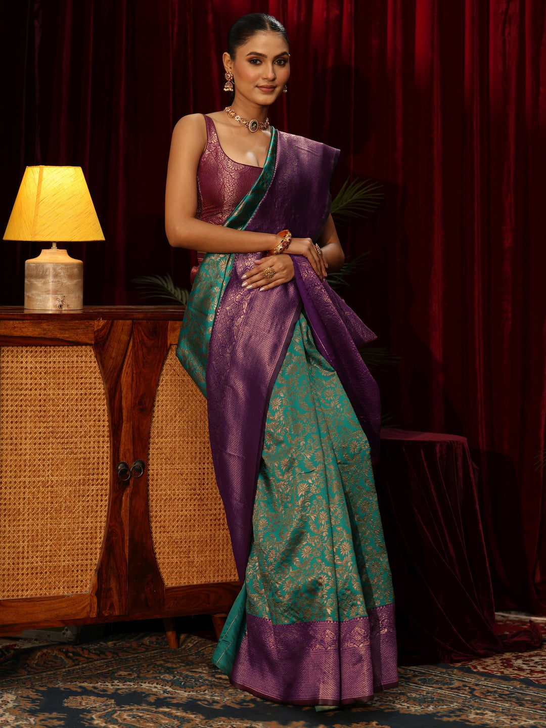 Libas Teal Blue Floral Woven Design Silk Blend Saree