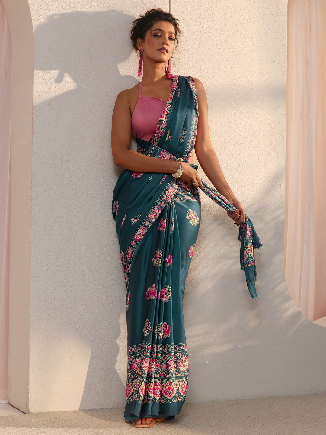 Libas Teal Blue Mirror Work Ethnic Print Satin Saree