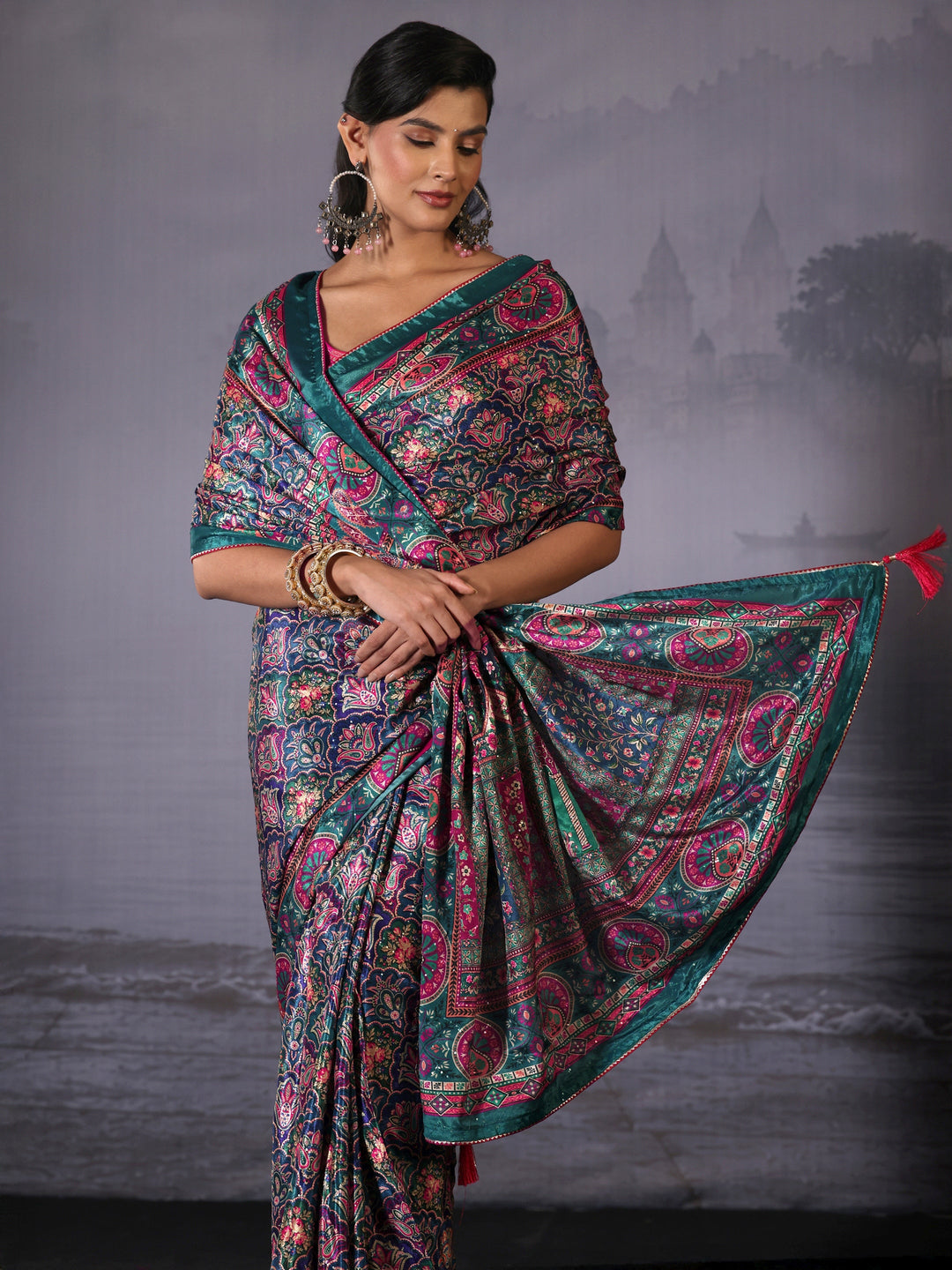 Libas Teal Blue Multi Print Satin Saree