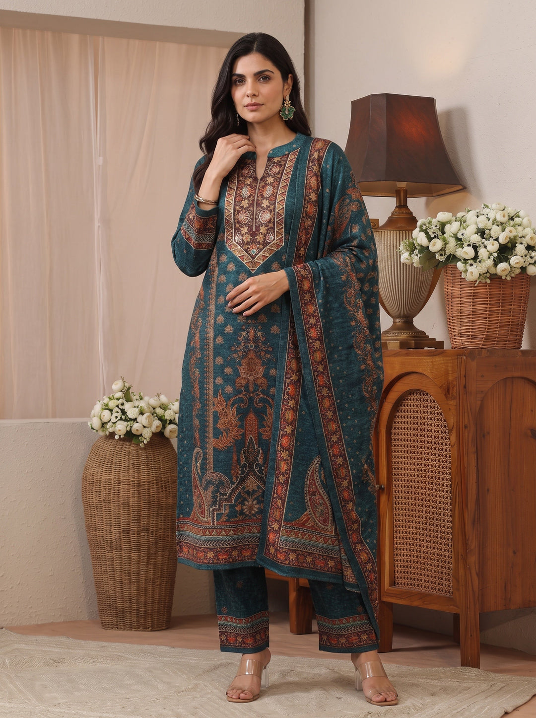 Libas Teal Blue Multi Printed Wool Straight Suit Set