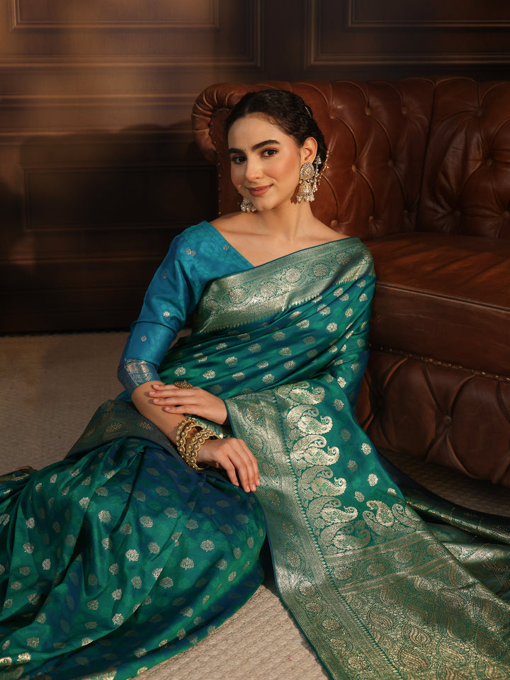 Libas Teal Blue Paisley Woven Design Silk Blend Saree