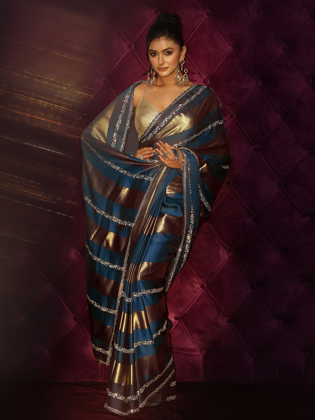 Libas Teal Blue Striped Embellished Silk Saree