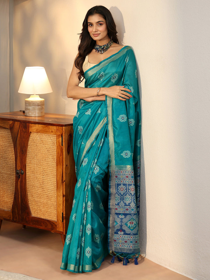 Libas Teal Blue Woven Design Silk Blend Saree