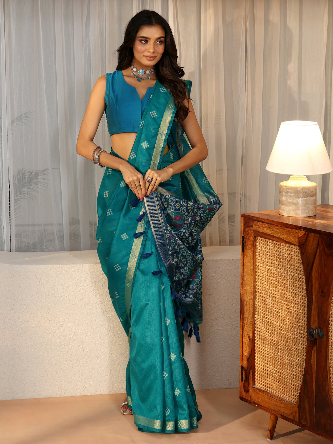 Libas Teal Blue Woven Design Silk Blend Saree