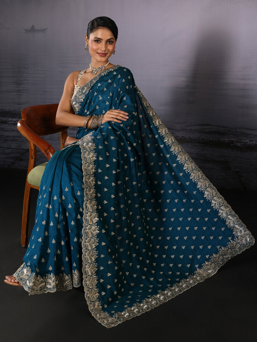 Libas Teal Blue Zari Embroidered Silk Blend Saree