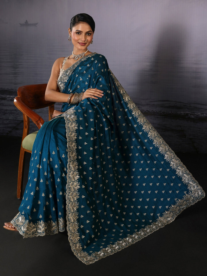 Libas Teal Blue Zari Embroidered Silk Blend Saree